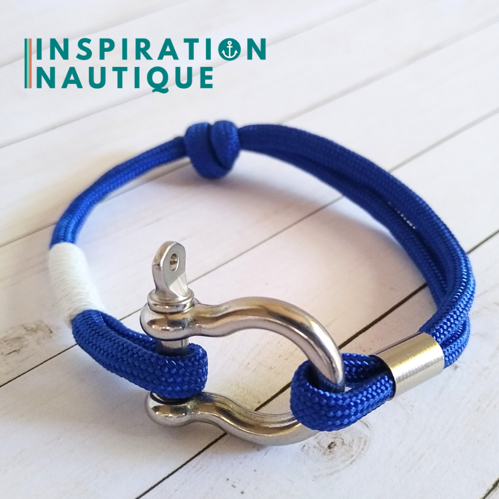 Bracelet marin avec manille en paracorde 550 et acier inoxydable, ajustable, Bleu, surliure blanche, Medium