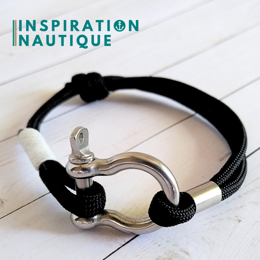 Bracelet marin avec manille en paracorde 550 et acier inoxydable, ajustable, Noir, surliure blanche, Medium