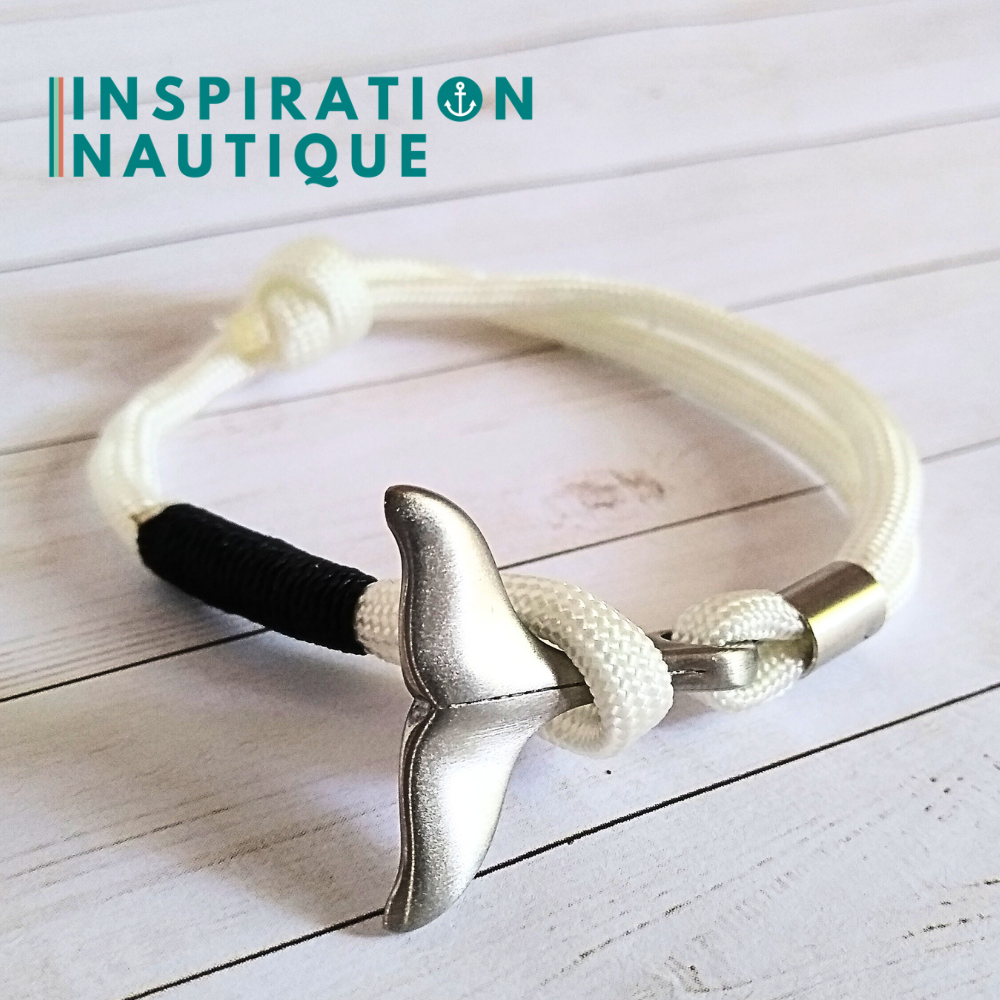 Bracelet marin avec queue de baleine en paracorde 550 et acier inoxydable, ajustable, Blanc, surliure noire, Medium