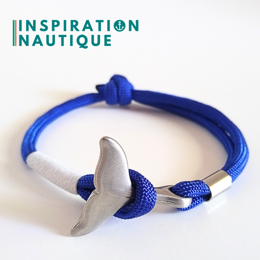Bracelet marin avec queue de baleine en paracorde 550 et acier inoxydable, ajustable, Bleu, surliure blanche, Medium