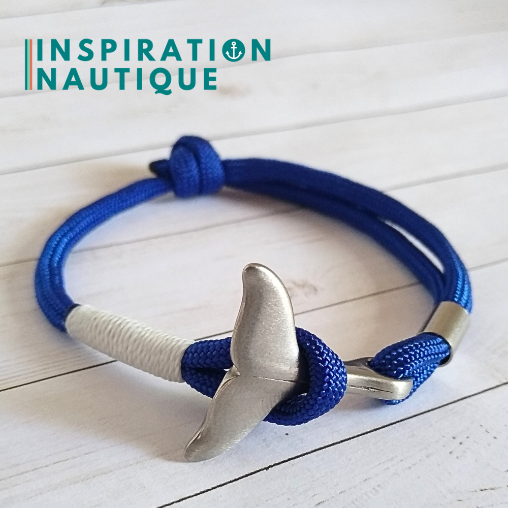Bracelet marin avec queue de baleine en paracorde 550 et acier inoxydable, ajustable, Bleu, surliure blanche, Medium