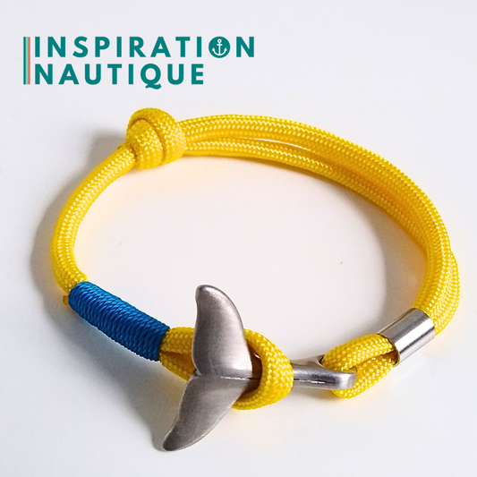Bracelet marin avec queue de baleine en paracorde 550 et acier inoxydable, ajustable, Jaune, surliure bleue, Medium