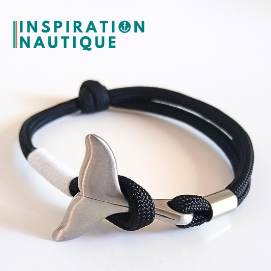 Bracelet marin avec queue de baleine en paracorde 550 et acier inoxydable, ajustable, Noir, surliure blanche, Medium
