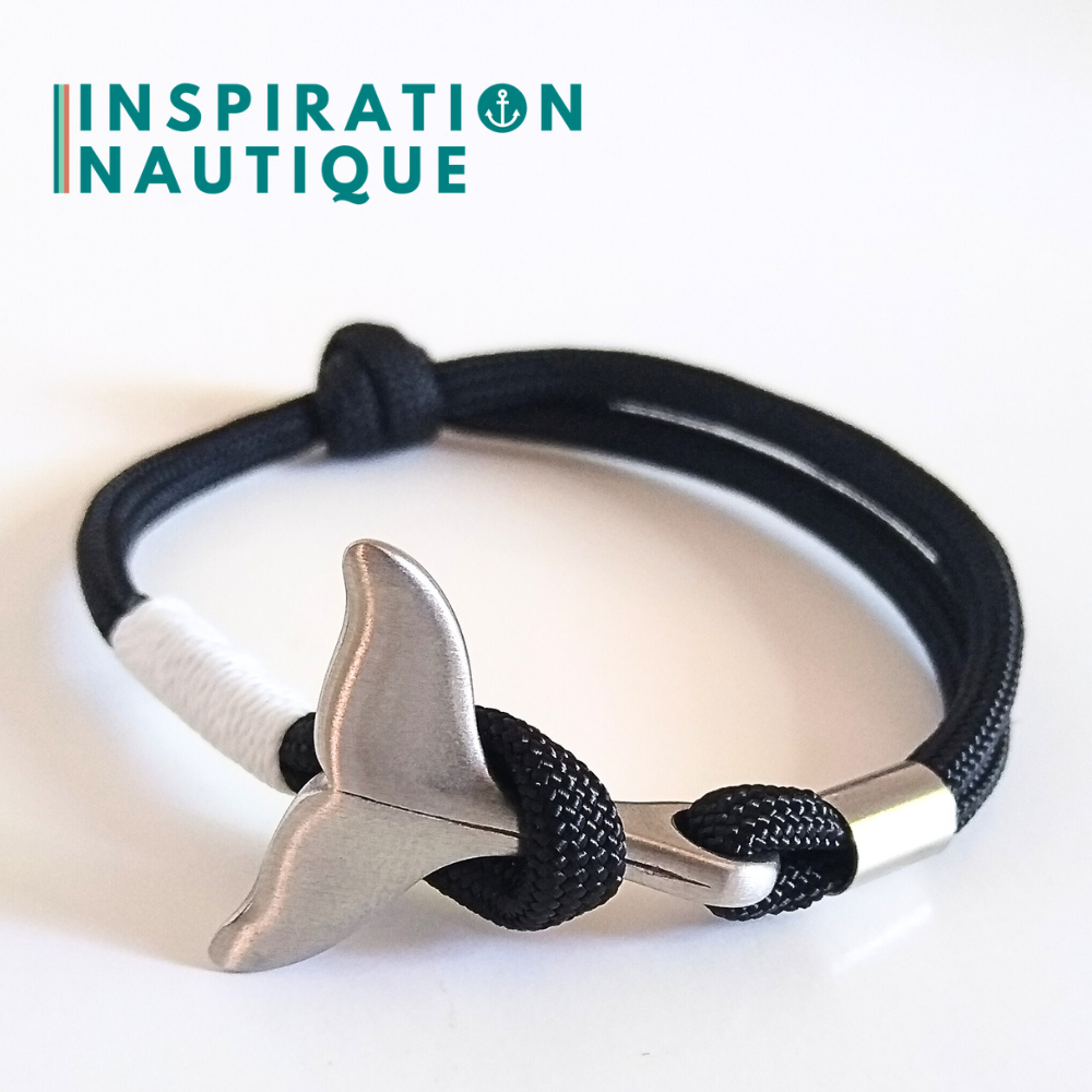 Bracelet marin avec queue de baleine en paracorde 550 et acier inoxydable, ajustable, Noir