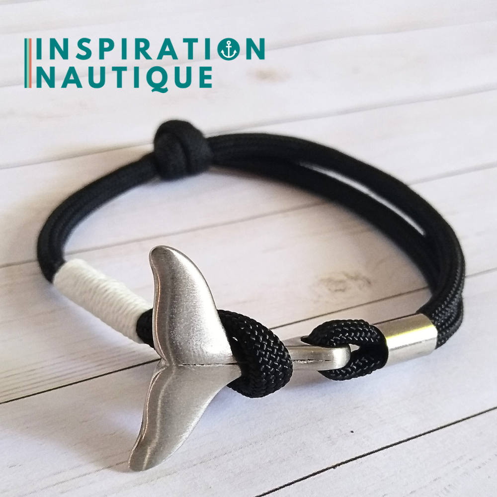 Bracelet marin avec queue de baleine en paracorde 550 et acier inoxydable, ajustable, Noir, surliure blanche, Medium
