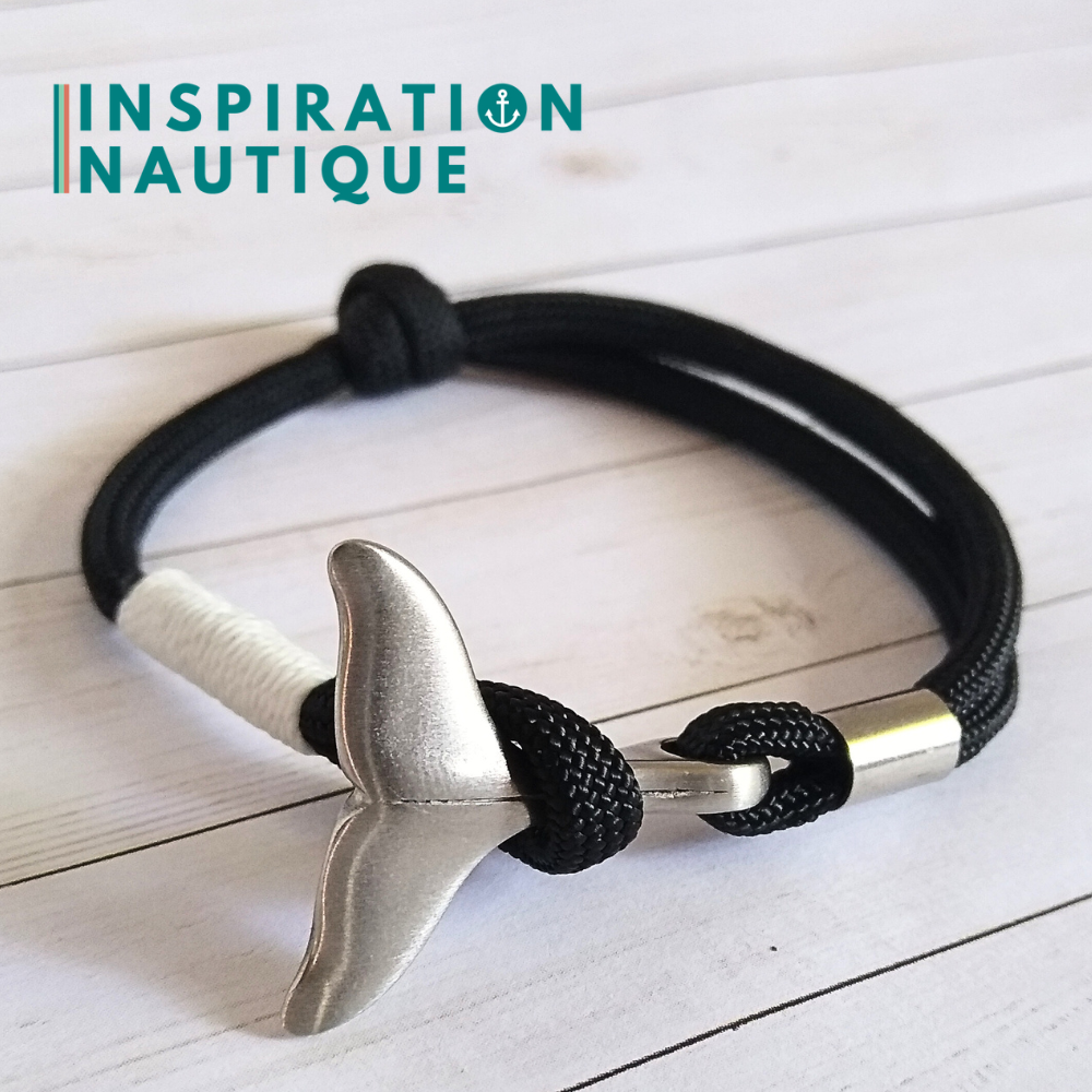 Bracelet marin avec queue de baleine en paracorde 550 et acier inoxydable, ajustable, Noir