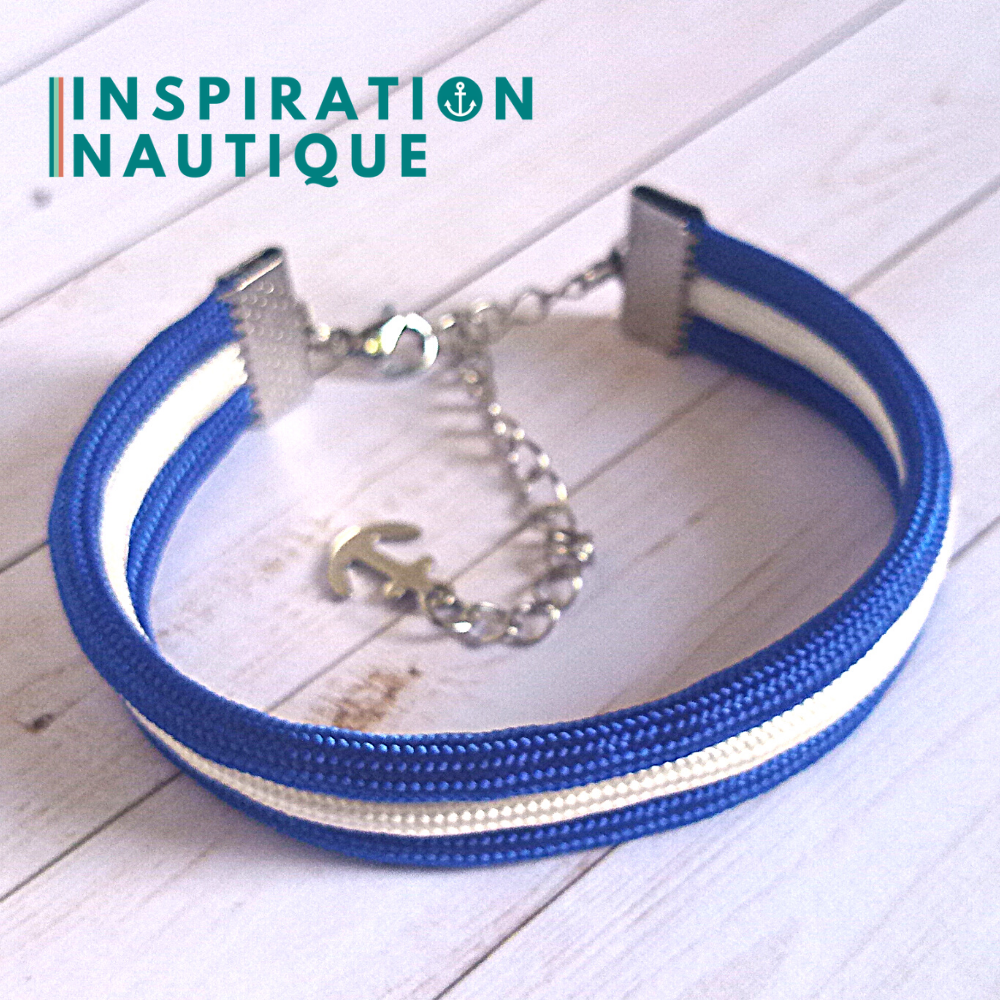 Bracelet marin triple rayures en paracorde et acier inoxydable, Bleu et blanc, Medium