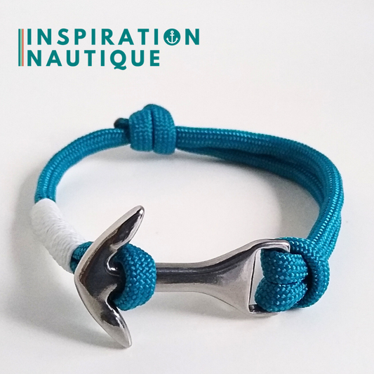 Bracelet ancre moyenne ajustable, Bleu Caraïbes, surliure blanche, Medium