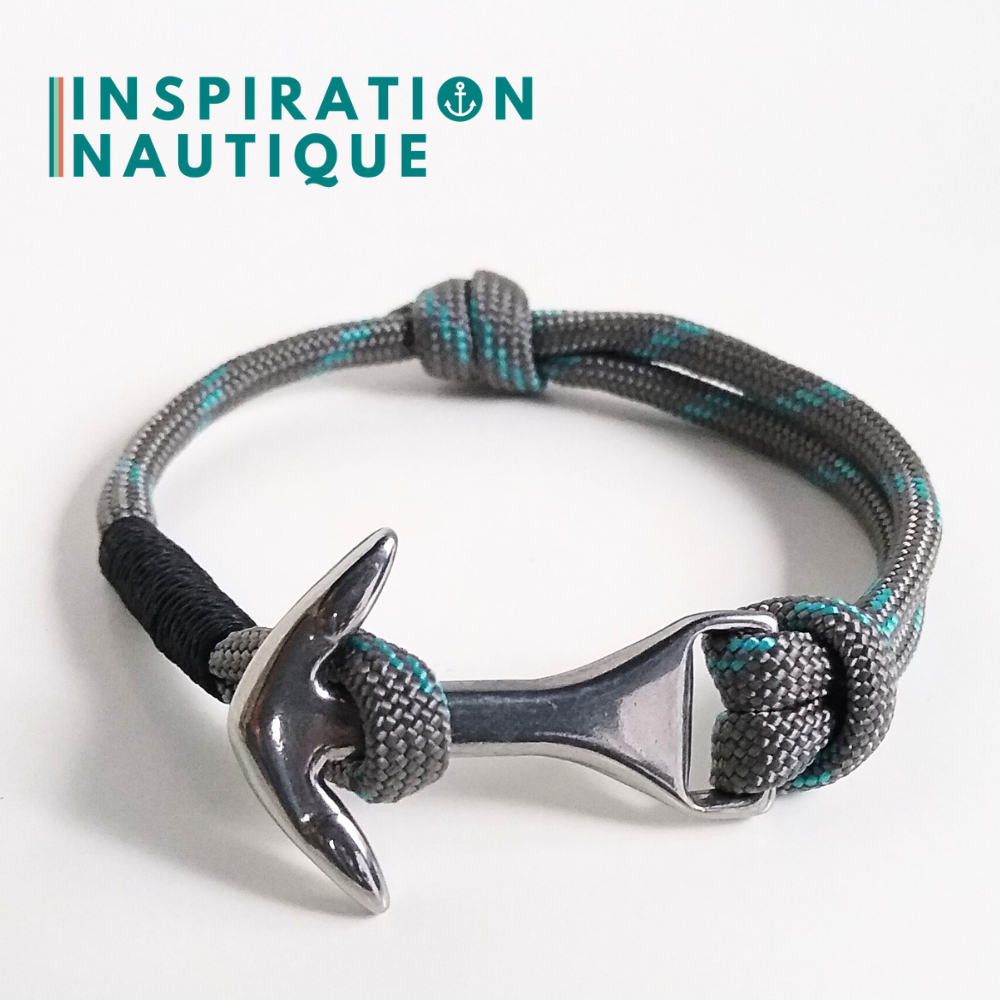 Bracelet marin avec ancre moyenne en paracorde 550 et acier inoxydable, ajustable, Gris avec traceur turquoise, surliure noire, Medium