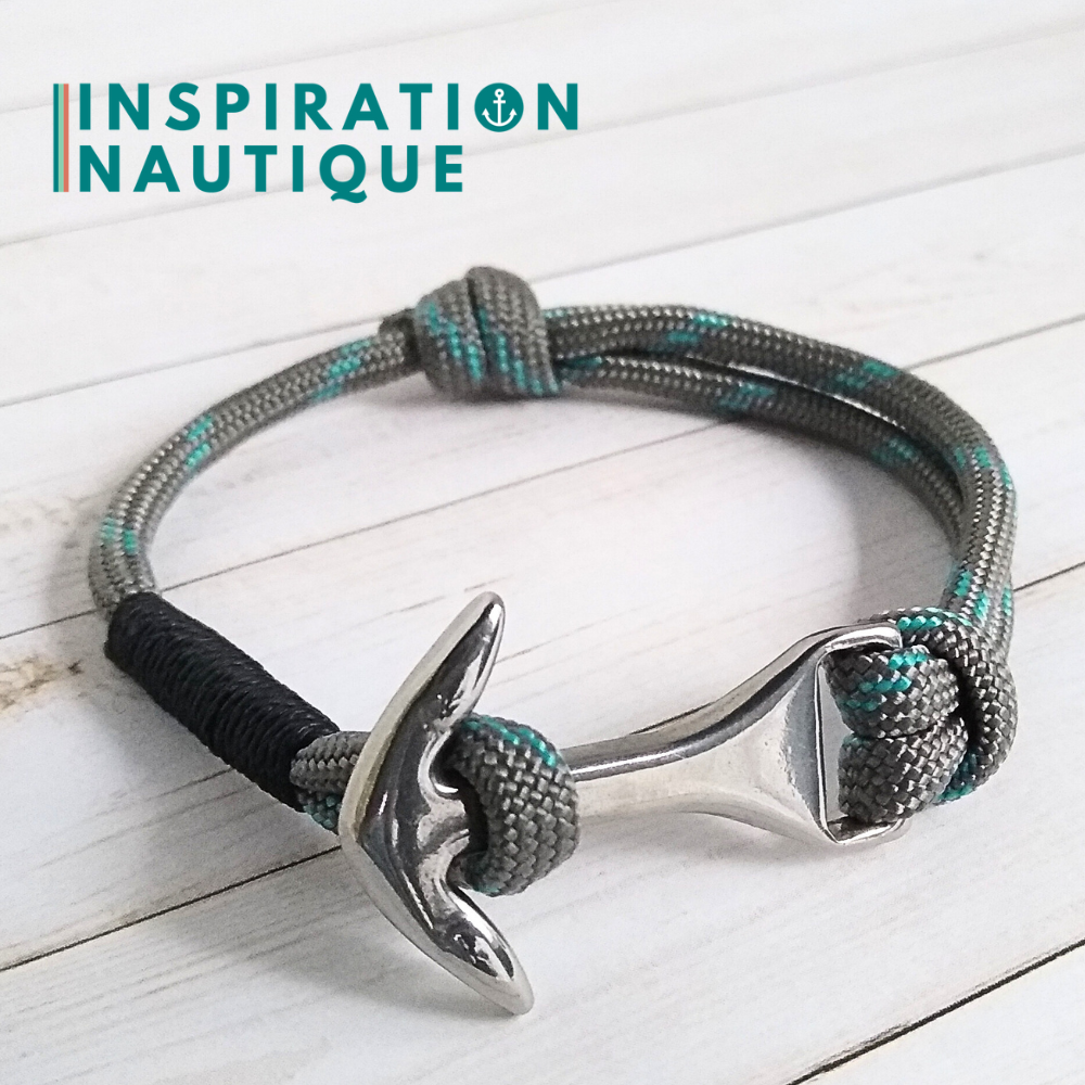 Bracelet marin avec ancre moyenne en paracorde 550 et acier inoxydable, ajustable, Gris avec traceur turquoise, surliure noire, Medium