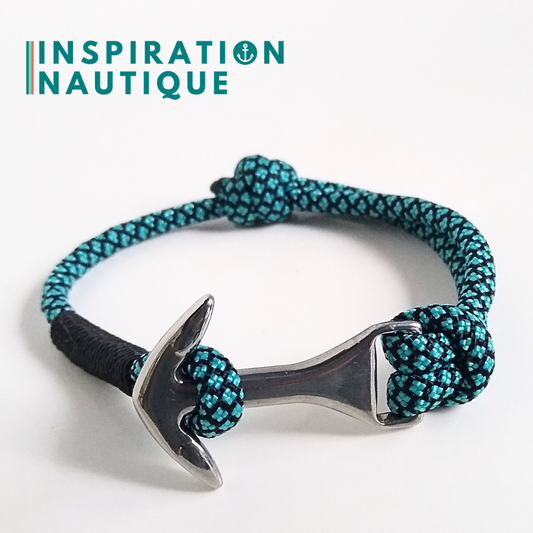 Bracelet ancre moyenne ajustable, Turquoise et noir diamants, surliure noire, Medium