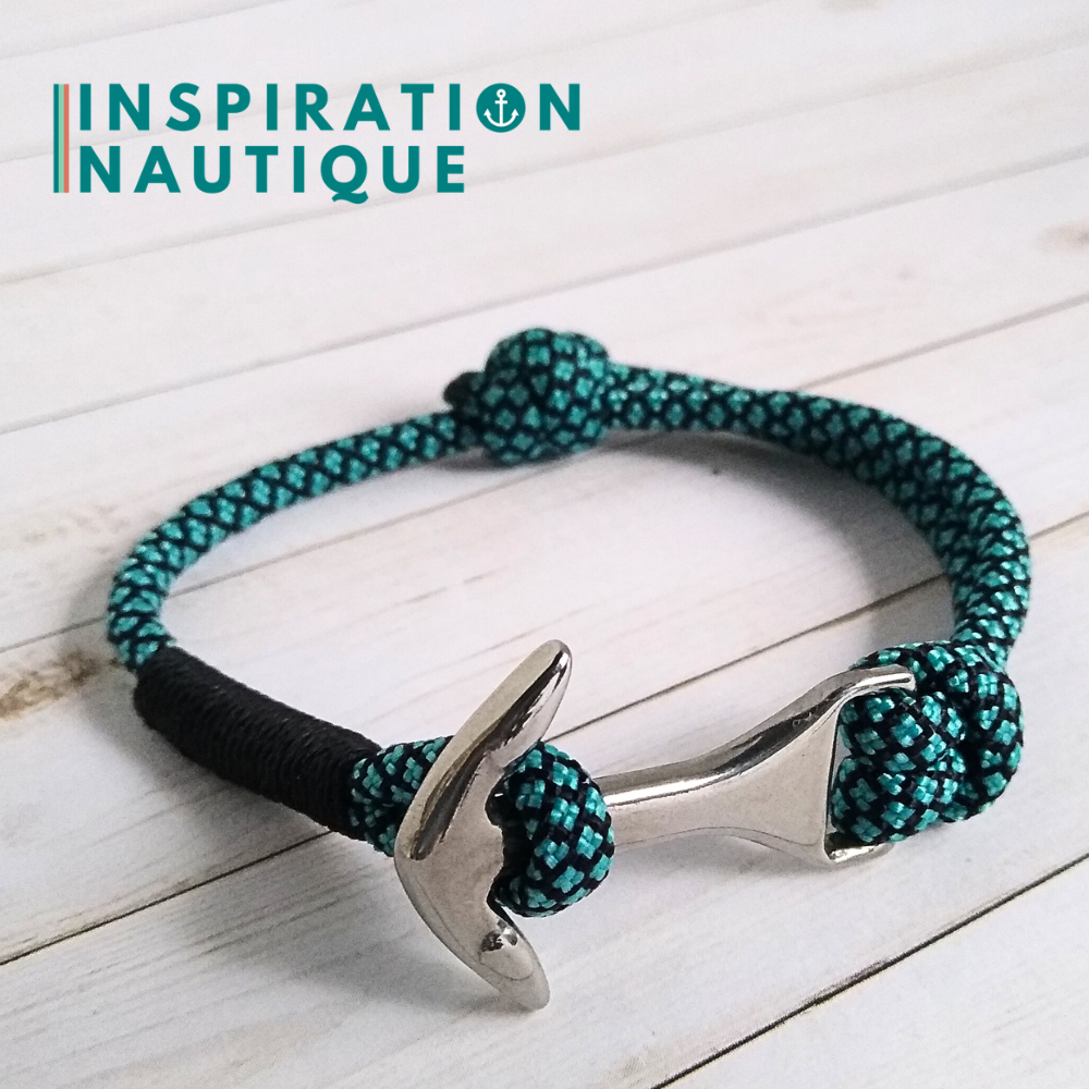 Bracelet ancre moyenne ajustable, Turquoise et noir diamants, surliure noire, Medium
