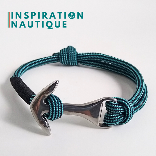 Bracelet marin avec ancre moyenne en paracorde 550 et acier inoxydable, ajustable, Turquoise et noir ligné, surliure noire, Medium