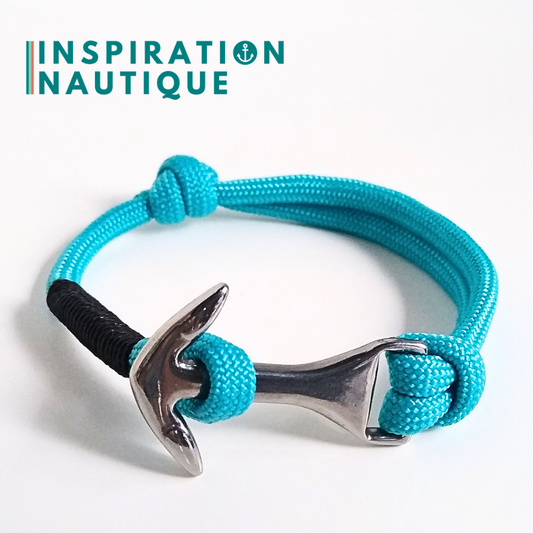 Bracelet ancre moyenne ajustable, Turquoise, surliure noire, Medium