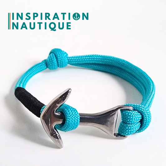 Bracelet marin avec ancre moyenne en paracorde 550 et acier inoxydable, ajustable, Turquoise, surliure noire, Medium