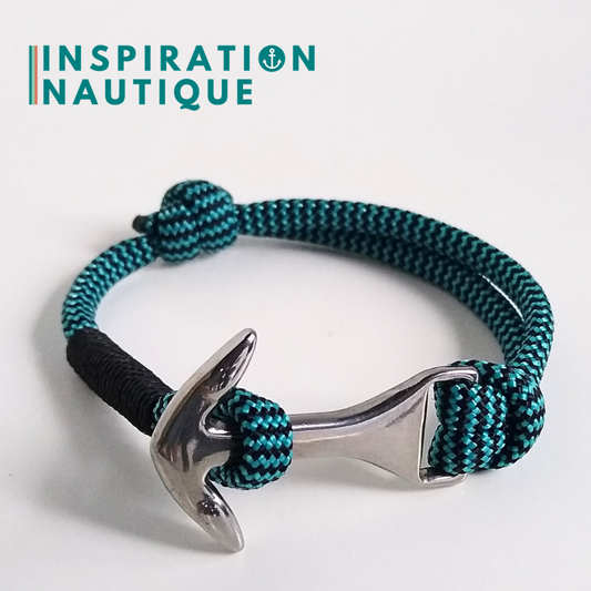 Bracelet ancre moyenne ajustable, Turquoise et noir zigzags, surliure noire, Medium