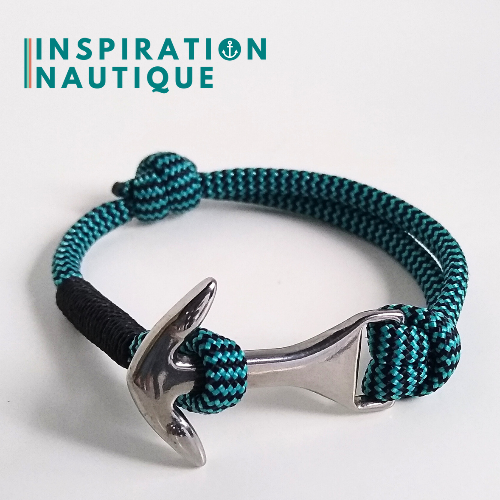 Bracelet marin avec ancre moyenne en paracorde 550 et acier inoxydable, ajustable, Turquoise et noir zigzags