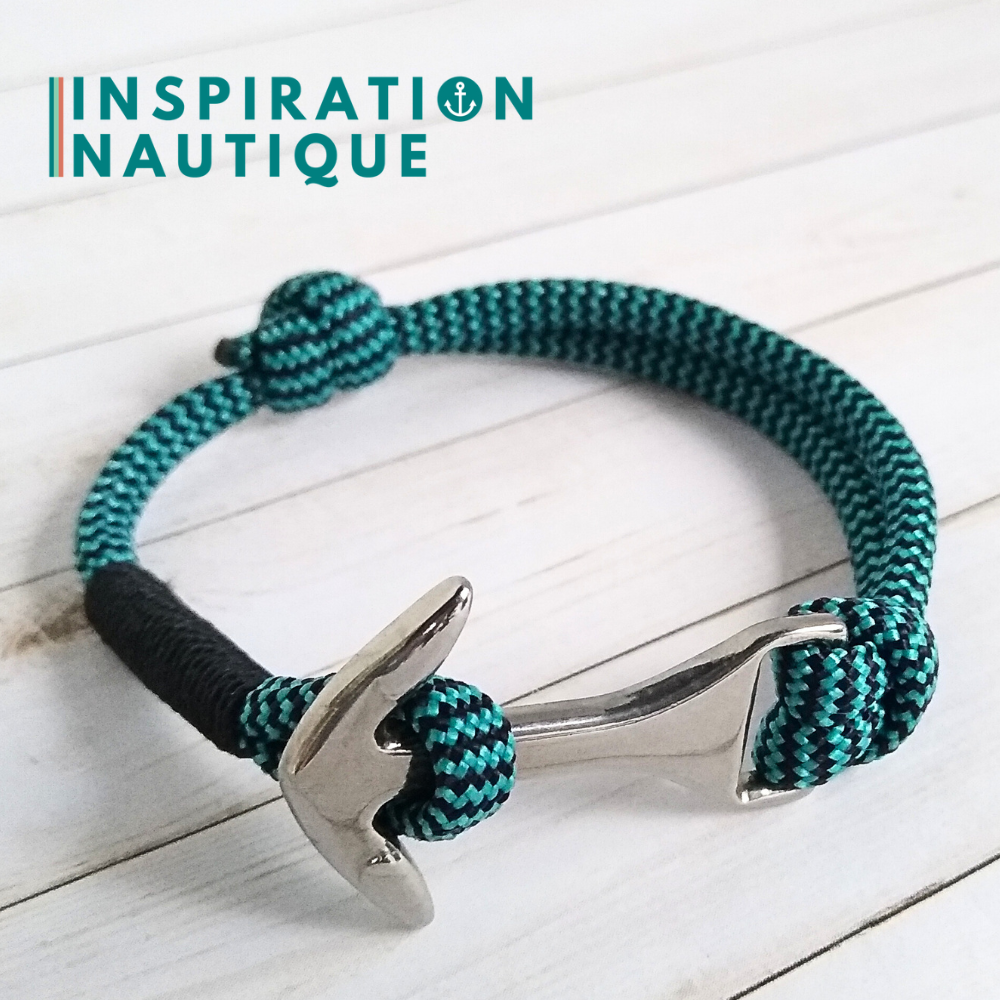 Bracelet marin avec ancre moyenne en paracorde 550 et acier inoxydable, ajustable, Turquoise et noir zigzags