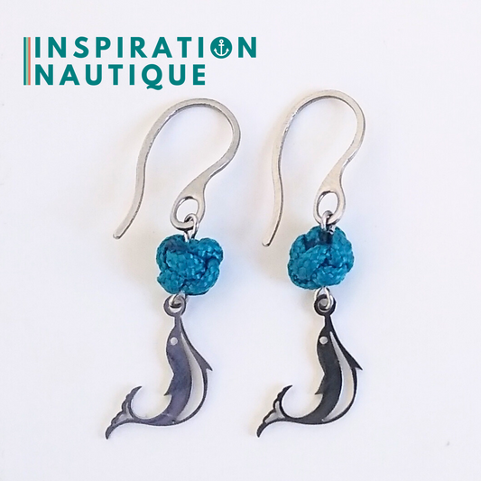 Boucles d'oreilles avec bille en corde et dauphin en acier inoxydable, Bleu Caraïbes