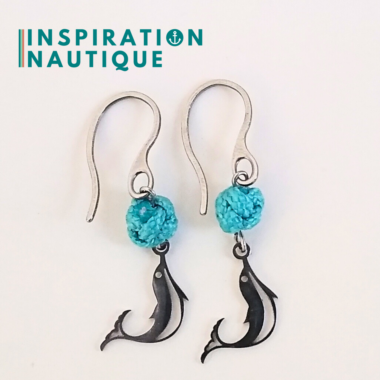 Boucles d'oreilles avec bille en corde et dauphin en acier inoxydable, Turquoises