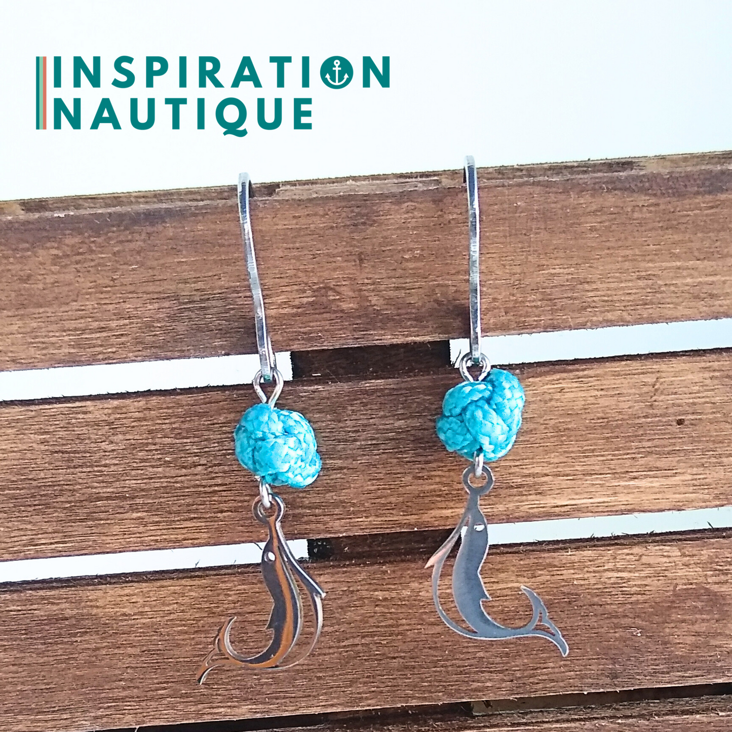 Boucles d'oreilles avec bille en corde et dauphin en acier inoxydable, Turquoises