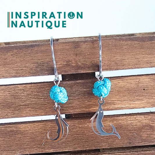 Boucles d'oreilles avec bille en corde et dauphin en acier inoxydable, Turquoises