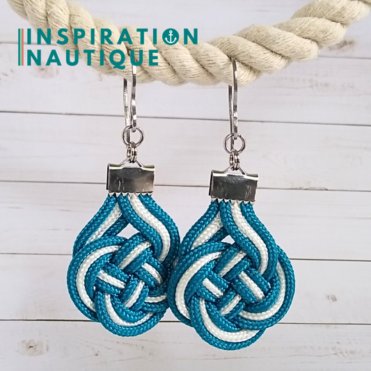 Boucles d'oreilles Double Coin Knot, Bleu Caraïbes et blanc