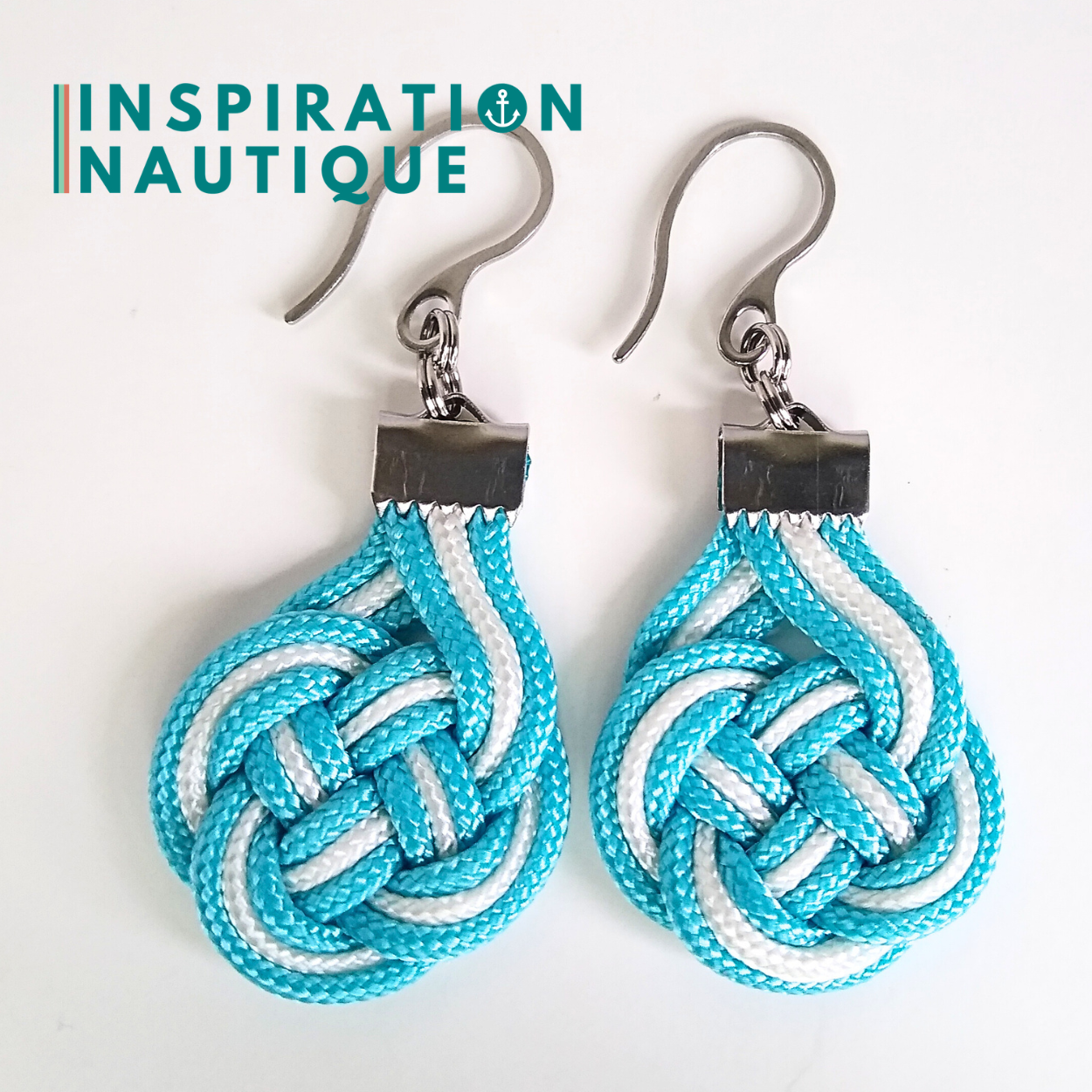 Boucles d'oreilles Double Coin Knot, Turquoise et blanc