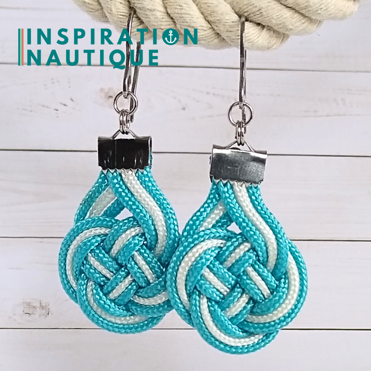 Boucles d'oreilles Double Coin Knot, Turquoise et blanc