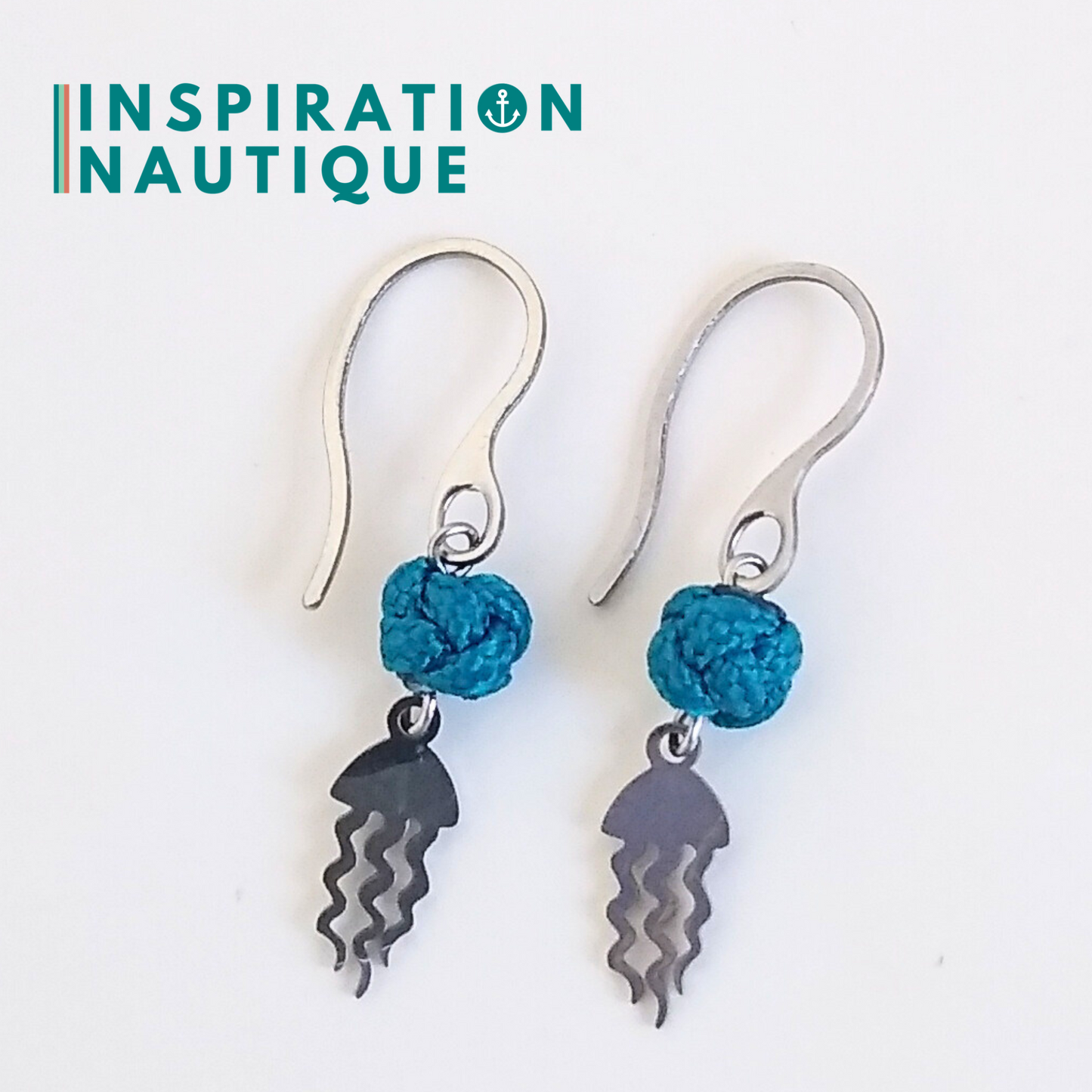 Boucles d'oreilles avec bille en corde et méduse en acier inoxydable, Bleu Caraïbes