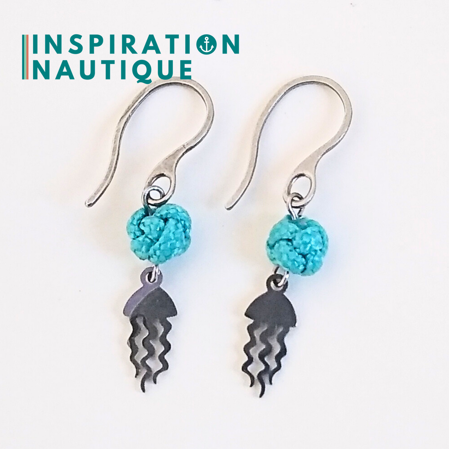 Boucles d'oreilles avec bille en corde et méduse en acier inoxydable, Turquoise