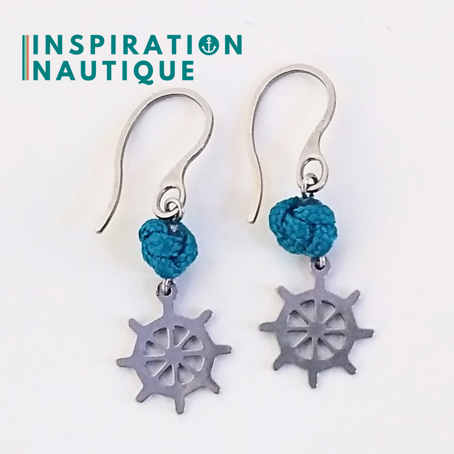 Boucles d'oreilles avec bille en corde et roue en acier inoxydable, Bleu Caraïbes