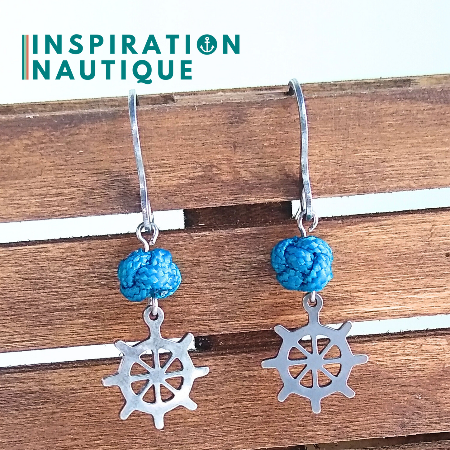 Boucles d'oreilles avec bille en corde et roue en acier inoxydable, Bleu Caraïbes