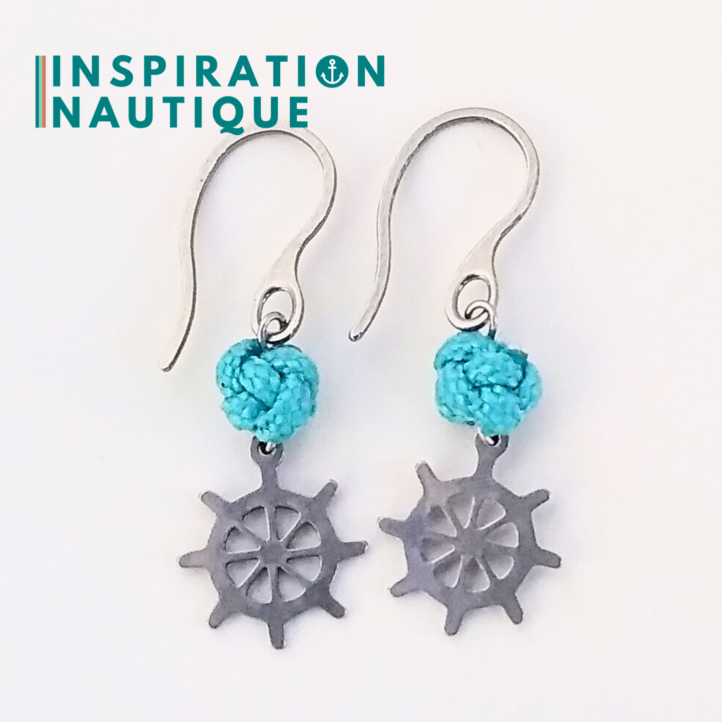 Boucles d'oreilles avec bille en corde et roue en acier inoxydable, Turquoises