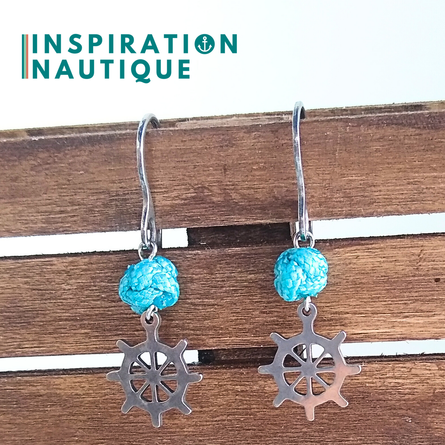 Boucles d'oreilles avec bille en corde et roue en acier inoxydable, Turquoises