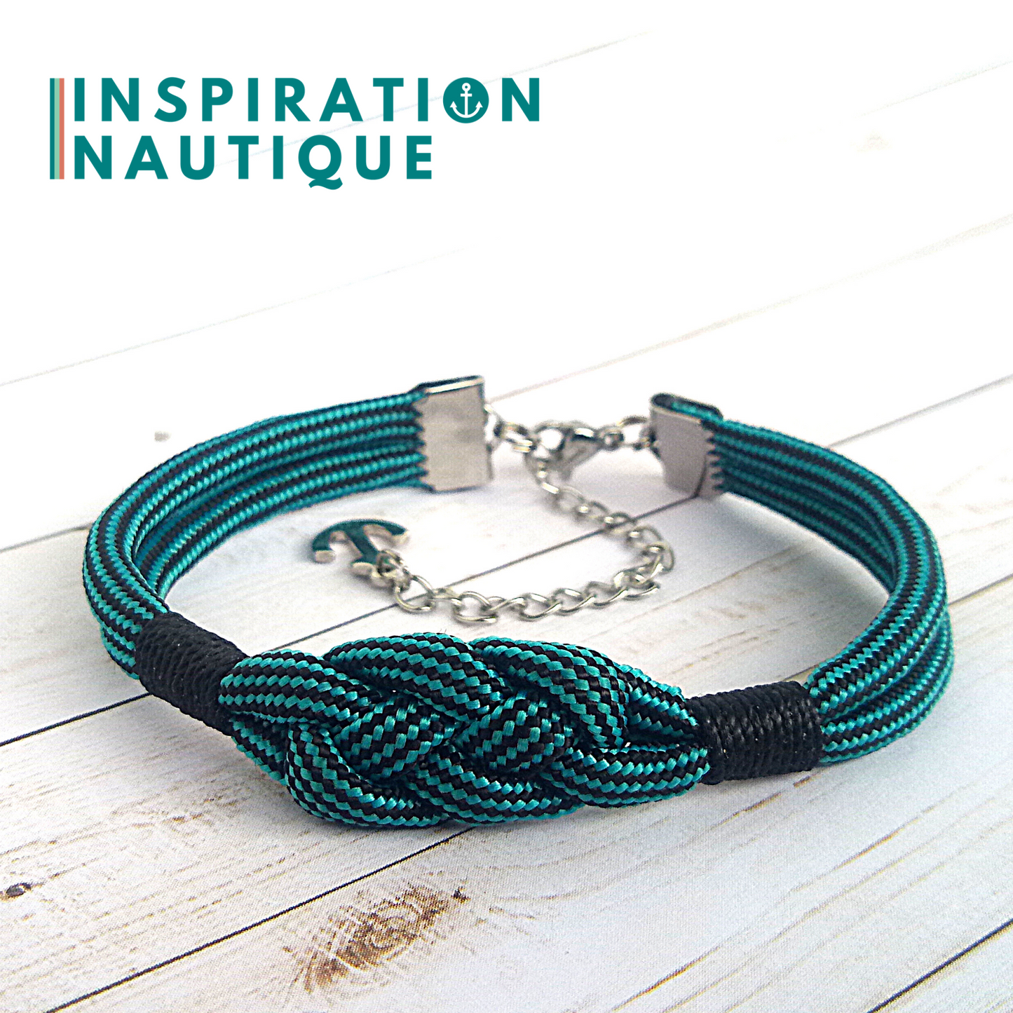 Bracelet marin avec noeud de carrick simple, en paracorde 550 et acier inoxydable, Turquoise et noir, ligné, surliure noire, Medium