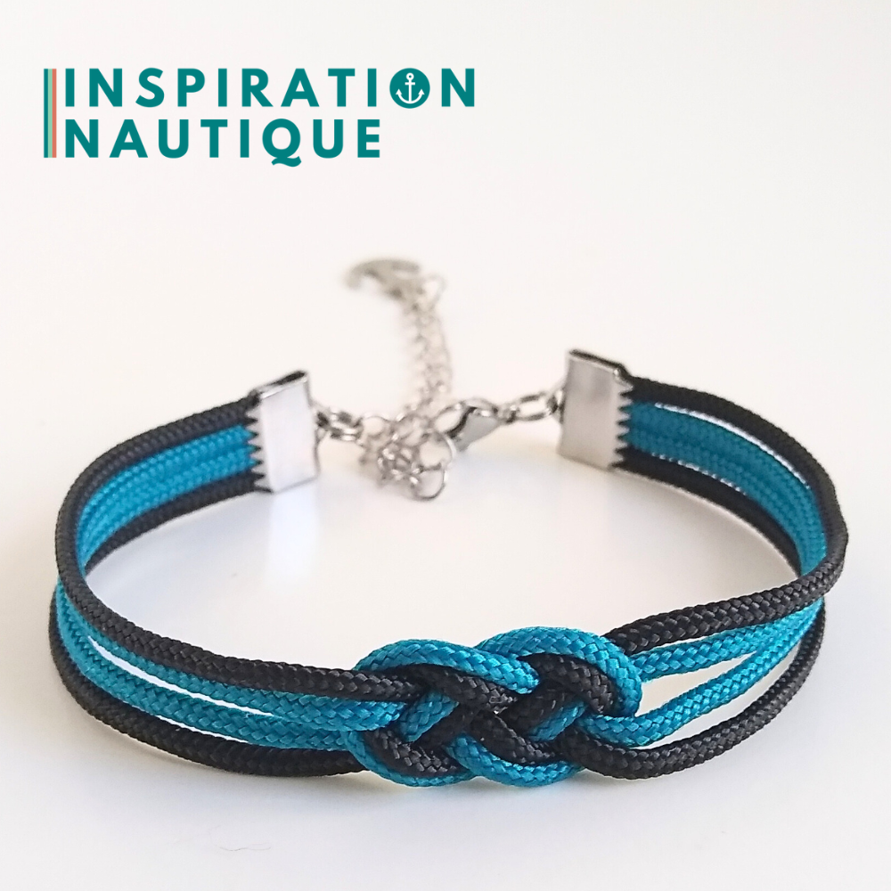 Bracelet marin avec mini noeud de carrick double, Bleu Caraïbes et noir