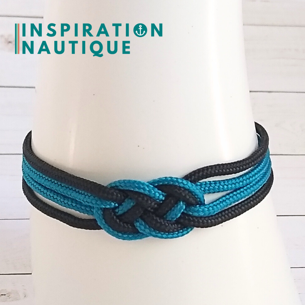 Bracelet marin avec mini noeud de carrick double, Bleu Caraïbes et noir