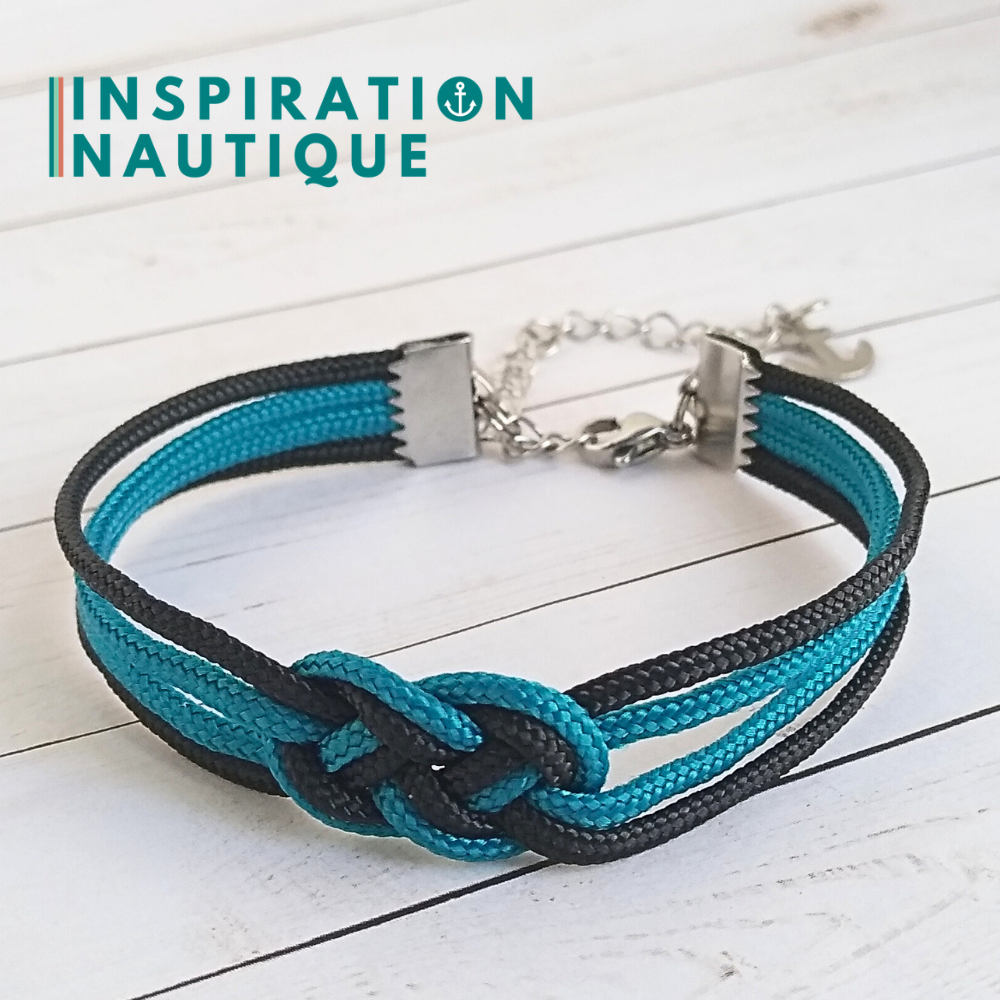 Bracelet marin avec mini noeud de carrick double, Bleu Caraïbes et noir, Medium