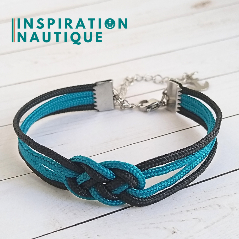 Bracelet marin avec mini noeud de carrick double, Bleu Caraïbes et noir