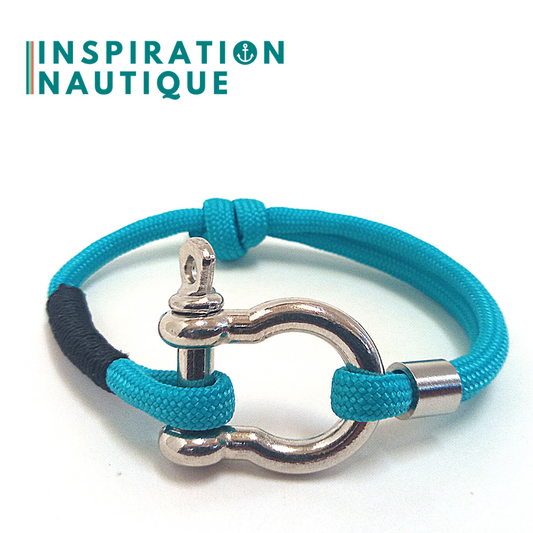 Bracelet marin avec manille en paracorde 550 et acier inoxydable, ajustable, Turquoise, Surliure noire, Medium