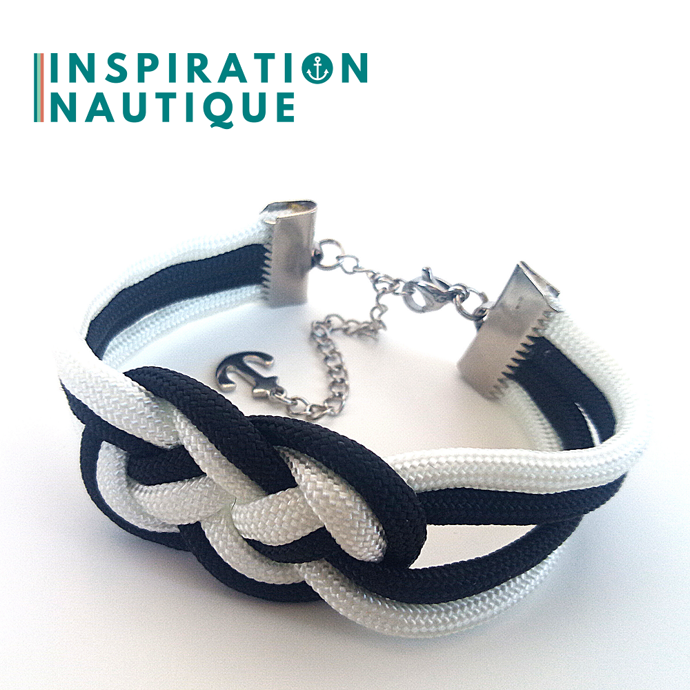 Bracelet marin avec noeud de carrick double unisexe, en paracorde 550 et acier inoxydable, Noir et blanc