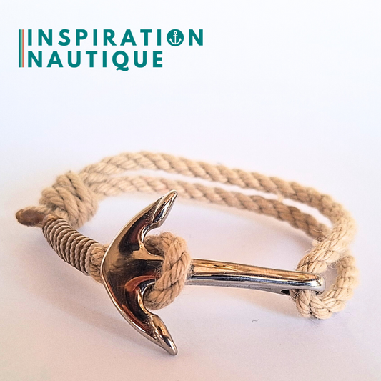 Bracelet marin avec ancre en cordage de bateau et acier inoxydable, ajustable, Naturel, Surliure brune et blanche, Medium