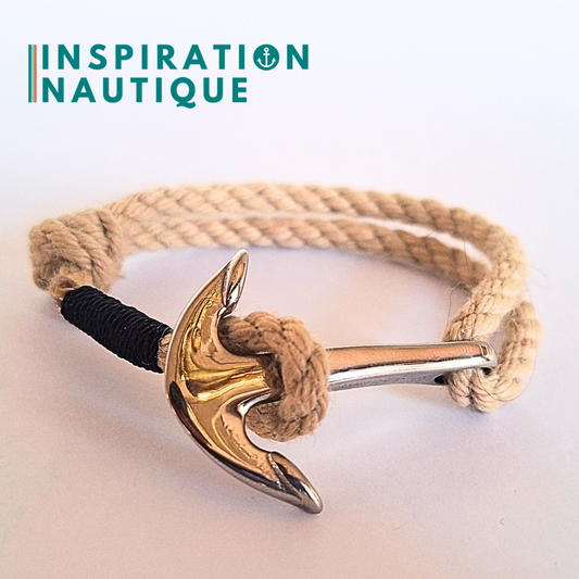 Bracelet marin avec ancre en cordage de bateau authentique et acier inoxydable, ajustable, Naturel, surliure Marine foncé, Medium