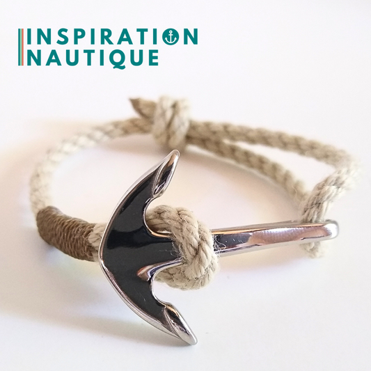 Bracelet ancre moyenne ajustable en cordage de bateau vintage, Naturel, surliure brune, Medium