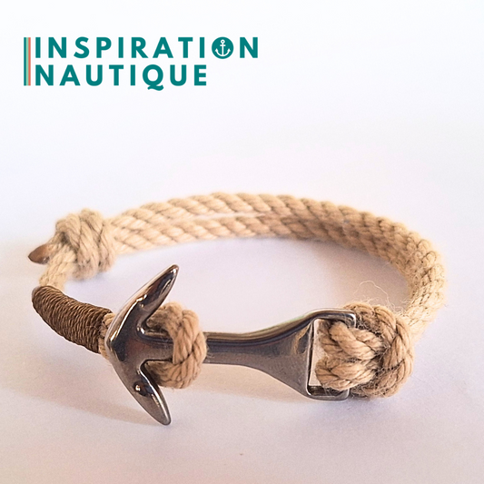 Bracelet ancre moyenne ajustable en cordage de bateau vintage, Naturel, surliure brune, Medium