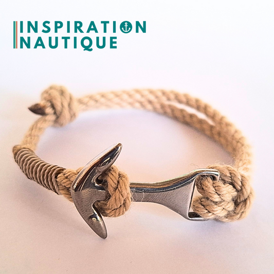Bracelet ancre moyenne ajustable en cordage de bateau vintage, Naturel, surliure brune et blanche, Medium