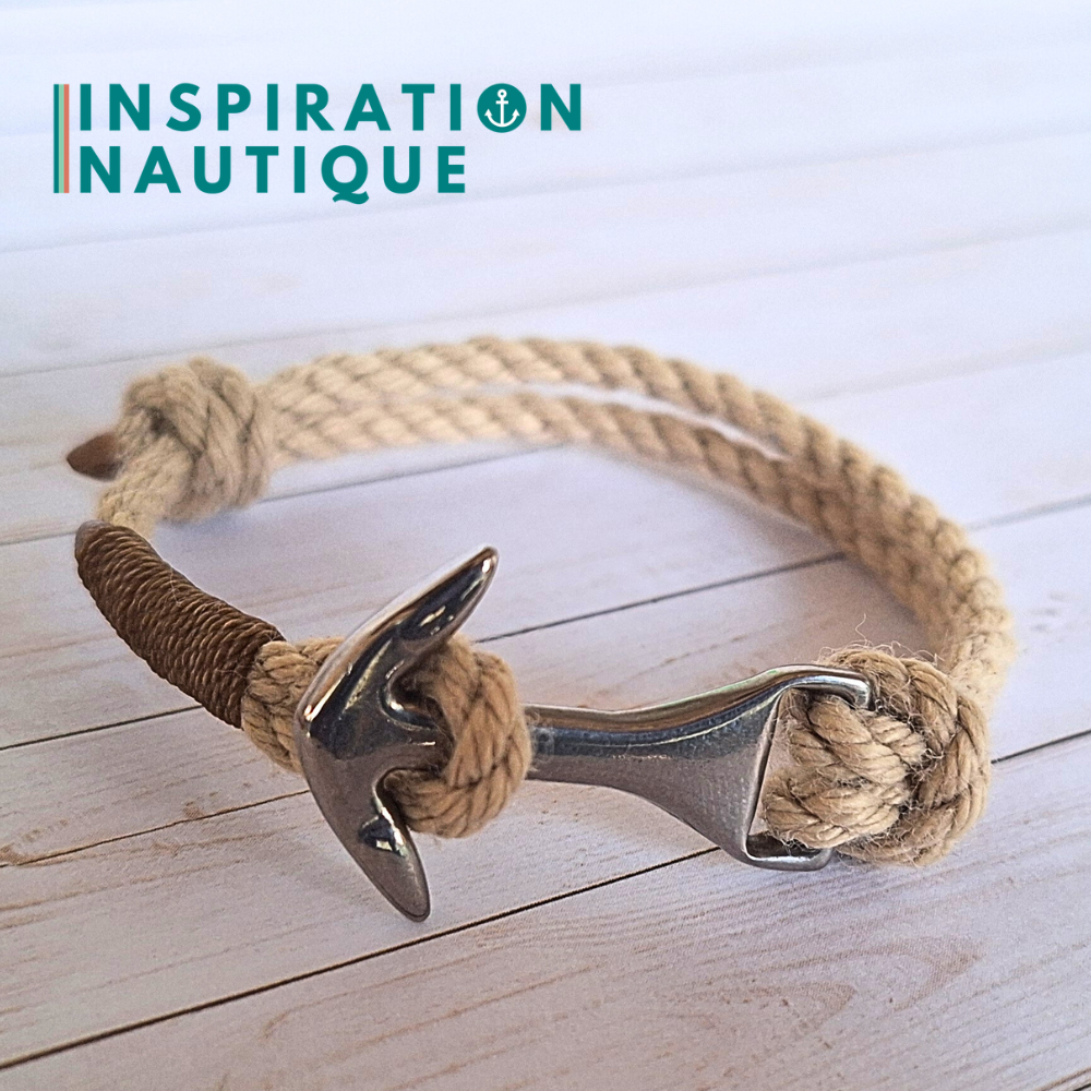 Bracelet ancre moyenne ajustable en cordage de bateau vintage, Naturel, surliure brune, Medium