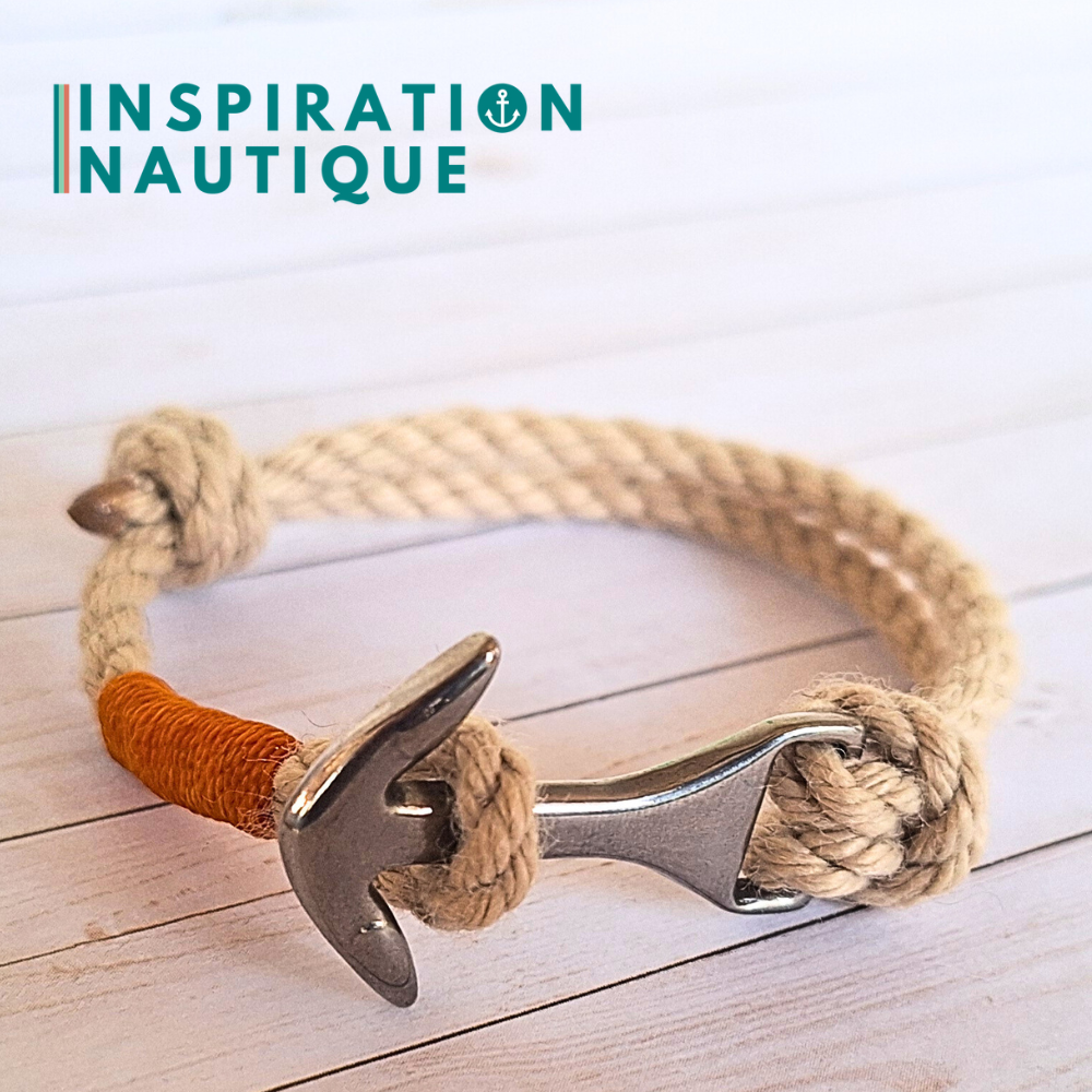 Bracelet ancre moyenne ajustable en cordage de bateau vintage, Naturel, surliure jaune, Medium