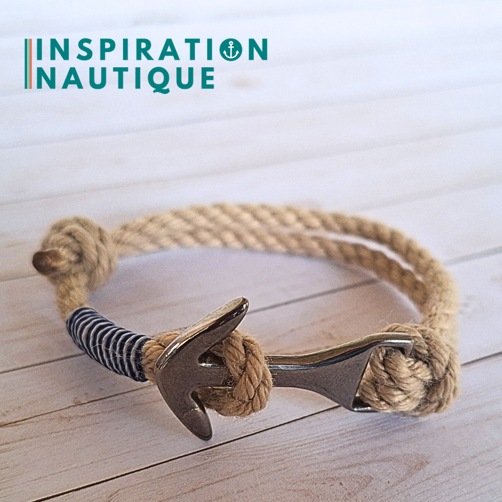 Bracelet ancre moyenne ajustable en cordage de bateau vintage, Naturel, surliure marine et blanche, Medium